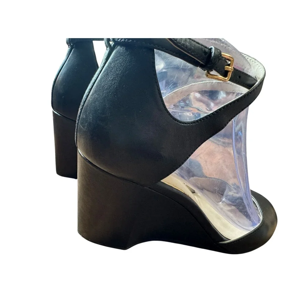 Cole Haan Grand 360 Wedge Sandals Womens 7.5B Black Leather Peep Toe Excellent